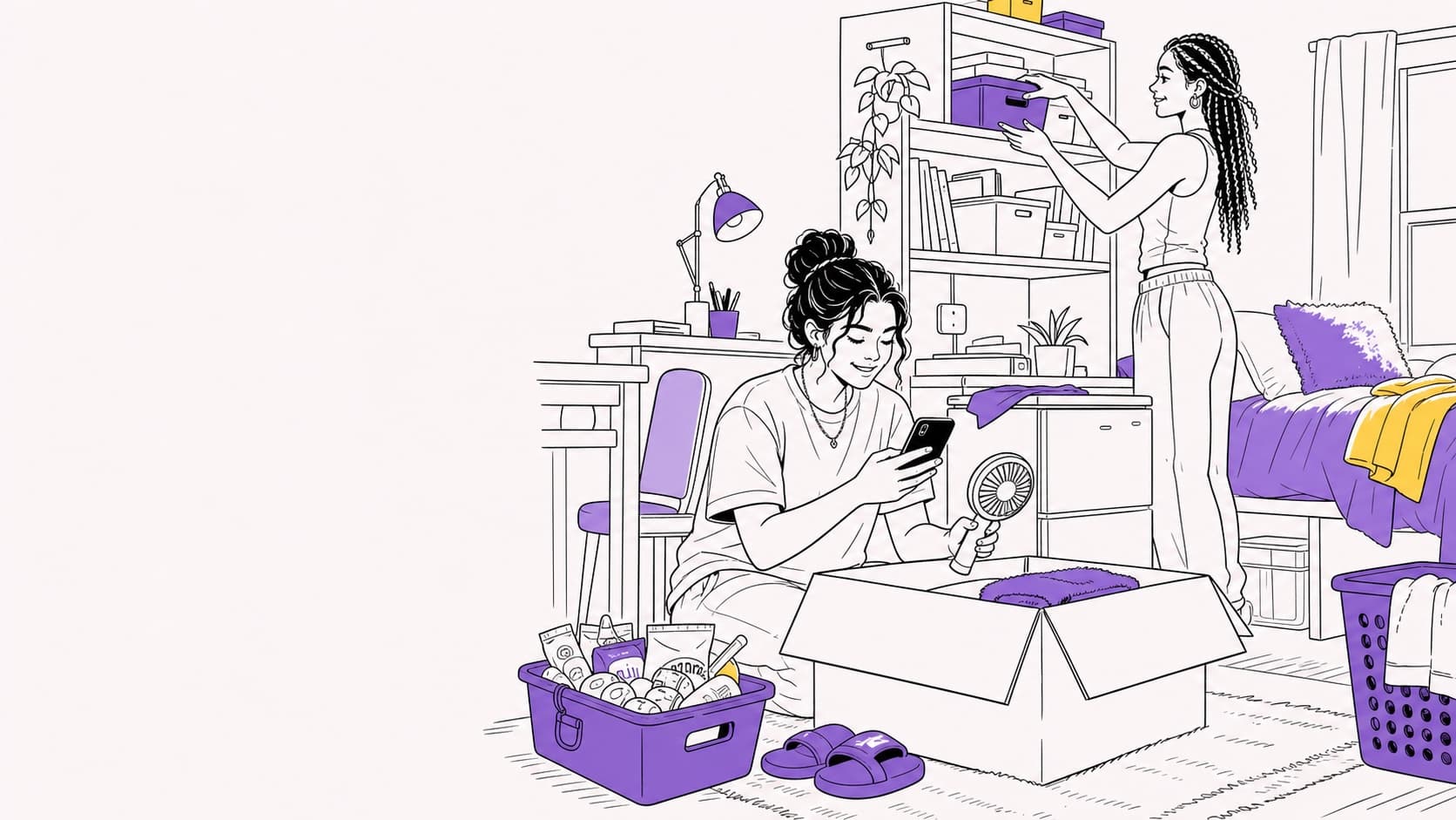 Line illustration of two university roommates unpacking and organizing shared dorm essentials together.