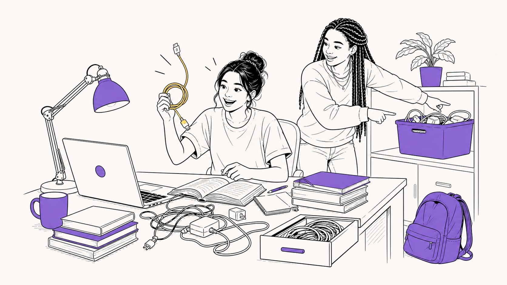 Line illustration of roommates finding the correct charging cable at a busy study desk.