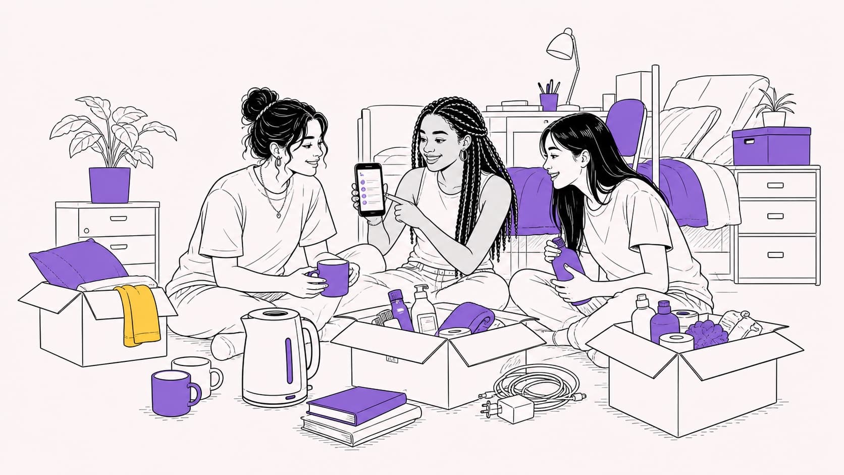 Line illustration of three university roommates sorting move-in essentials and checking a shared list.