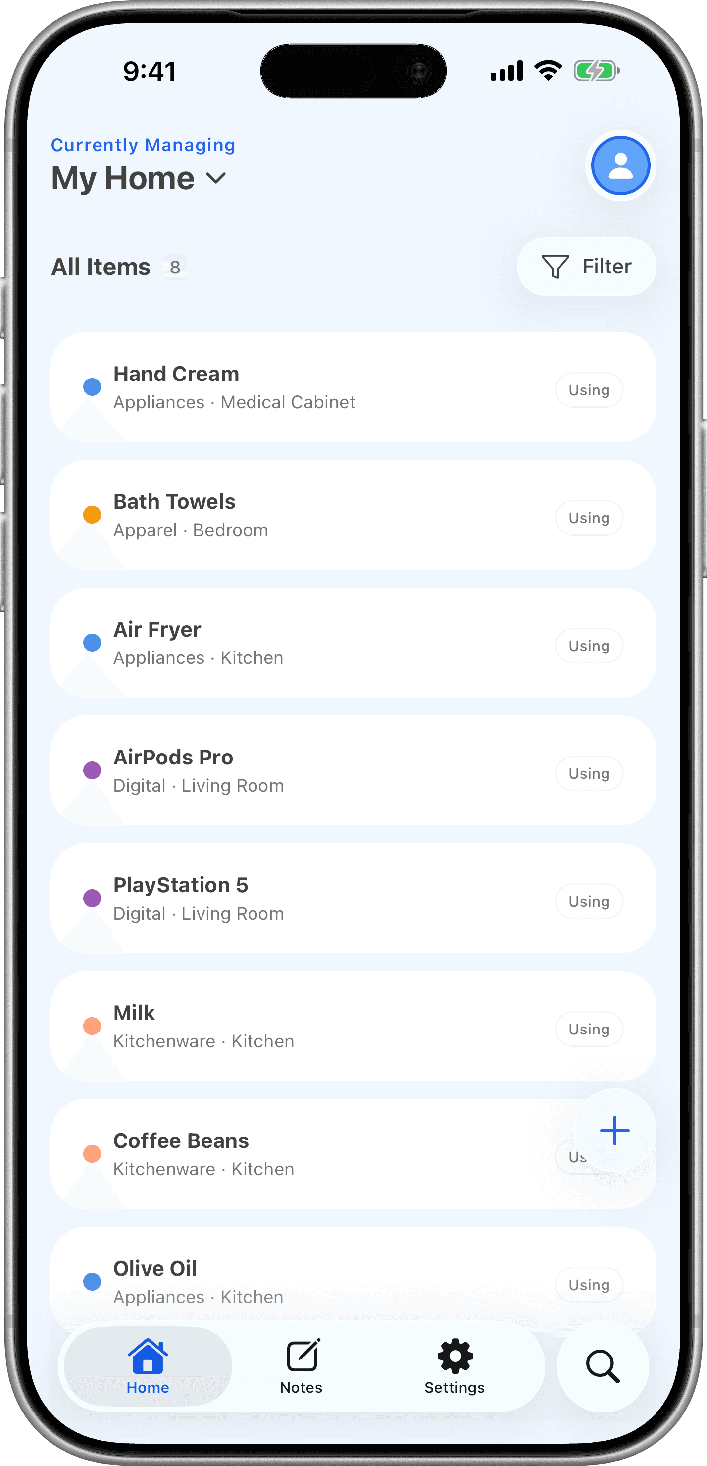 The Cluttr app showing a home inventory list grouped by category and room